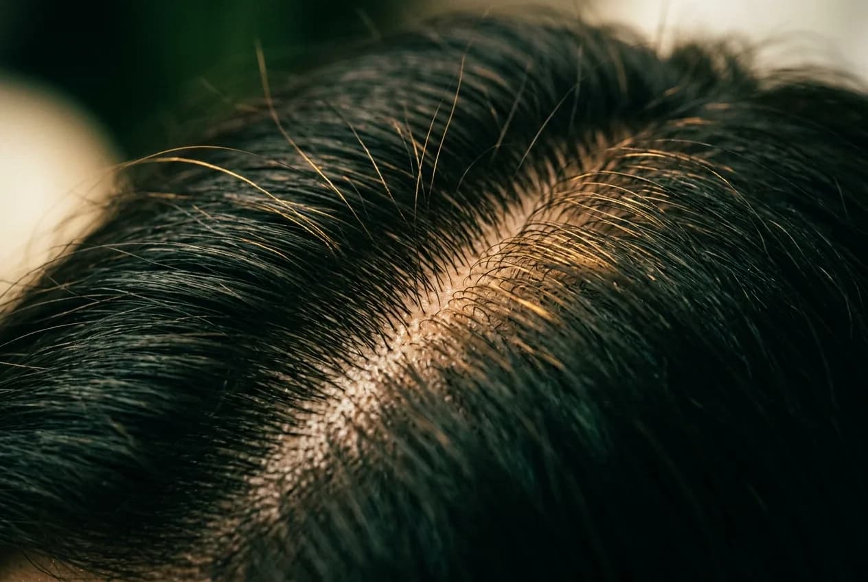 Primer plano de la partidura del cabello mostrando la densidad del cuero cabelludo